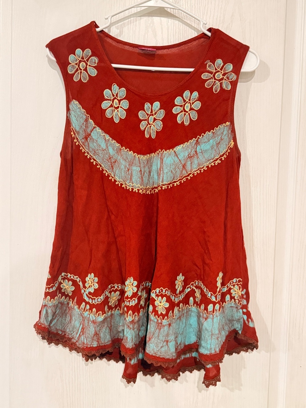 Fashion Terminal Embroidered Orange  Sleeveless Boho Top with Turquoise Accents